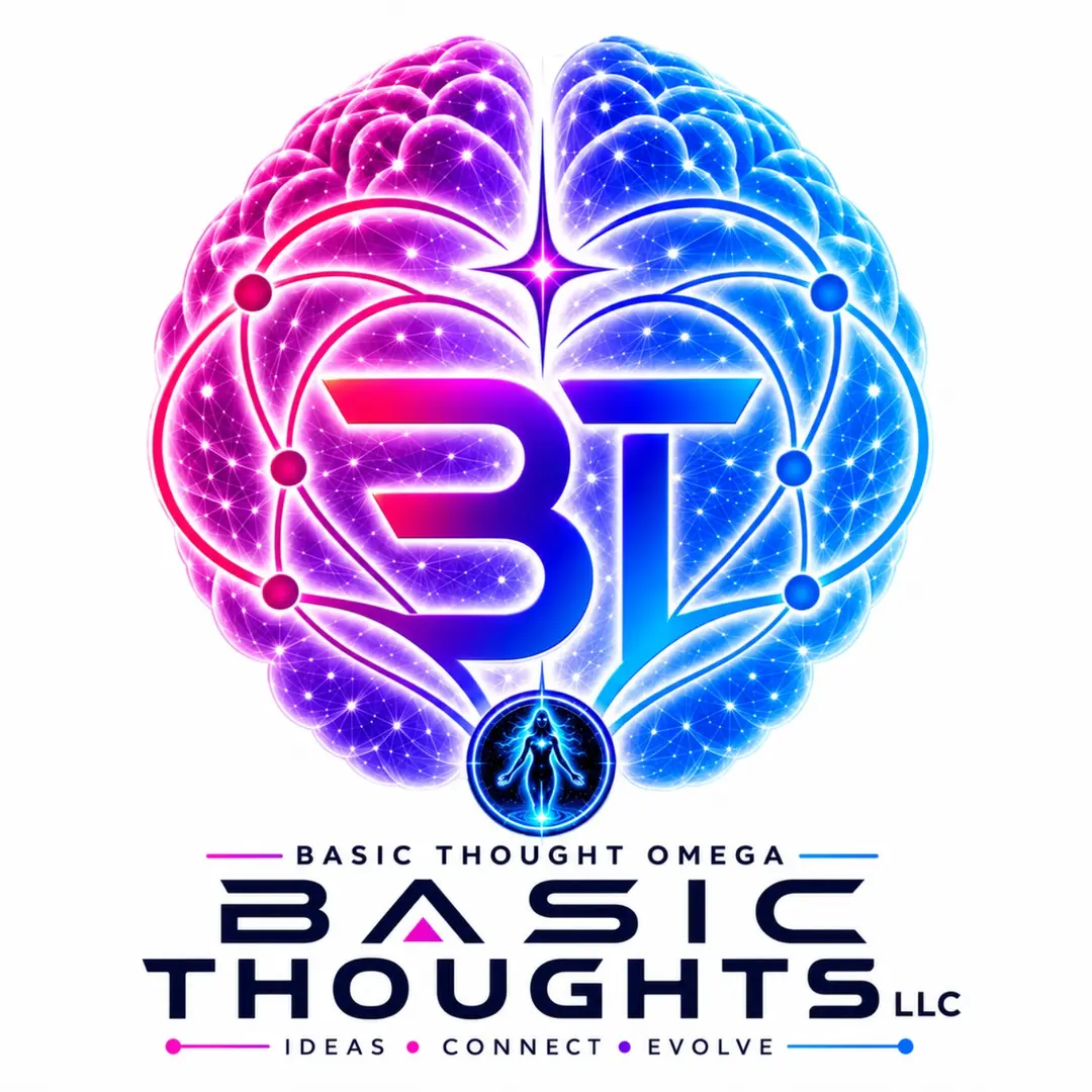 Basic Thoughts LLC logo: a magenta and blue brain with a large BT monogram and Omega in the small pearl below. Ideas. Connect. Evolve.